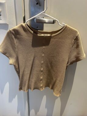 Madewell Beige Waffle Knit Short Sleeve Crop Top